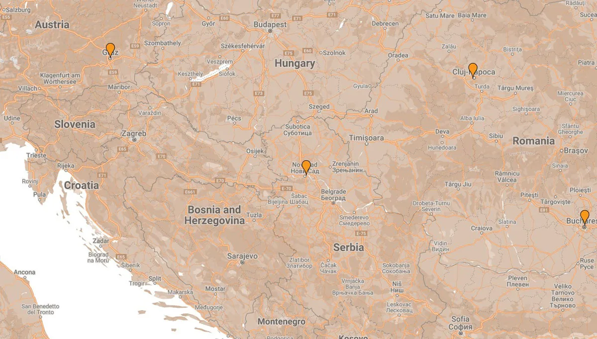Slika 4 – Međunarodna mapa primene robotike u kreativnim industrijama sa Novim Sadom kao jednom od centara u Evropi