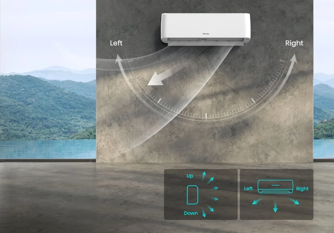 beli klima uređaj postavljen na sivom zidu sa usmerenjem vazduha i tajmerom