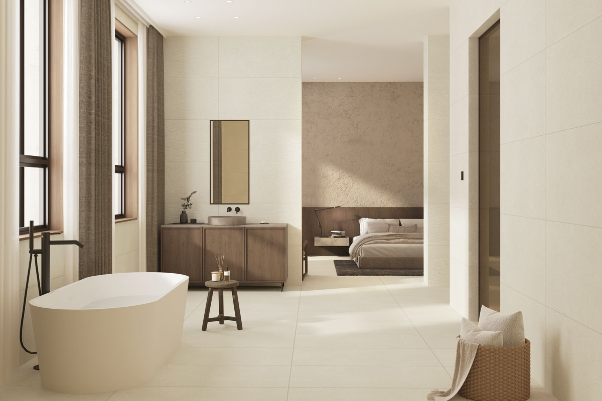 Coral beige 120x60 keramičke pločice u enterijeru kupatila i spavaće sobe / foto: Tilezza
