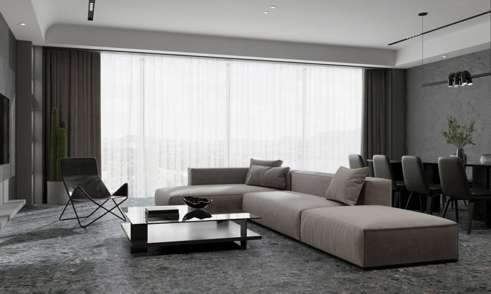 Terra Grigio Scuro 120x60 keramičke pločice u enterijeru dnevne sobe / foto: Tilezza