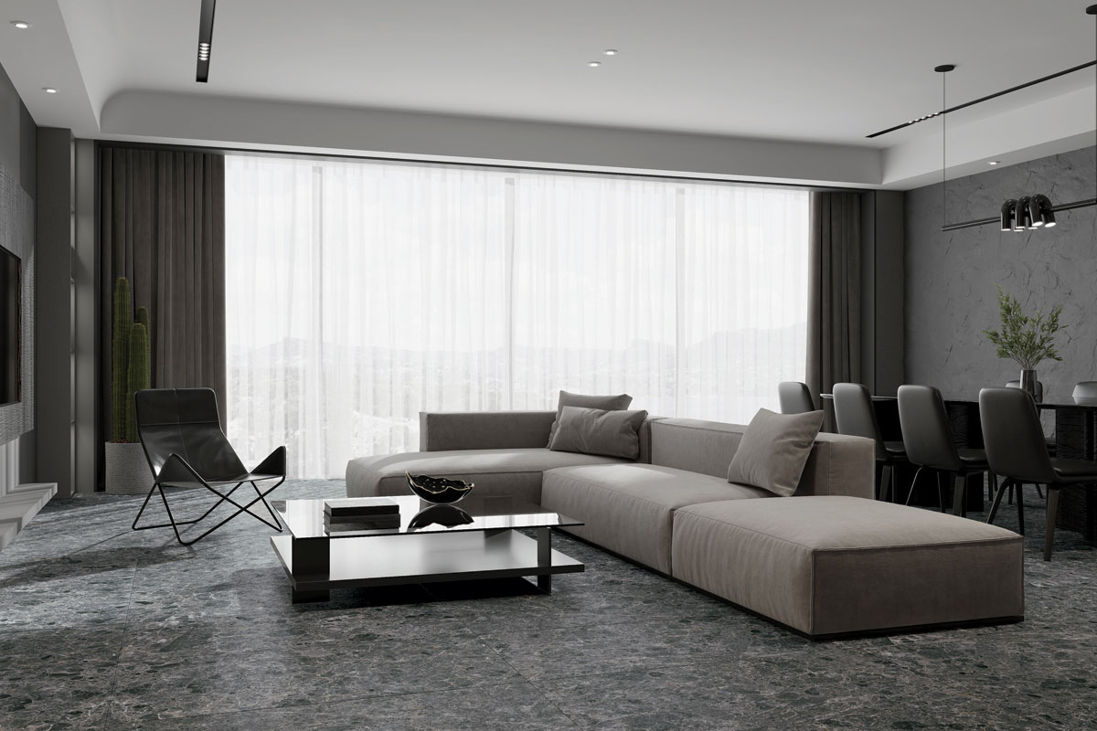 Terra Grigio Scuro 120x60 keramičke pločice u enterijeru dnevne sobe / foto: Tilezza