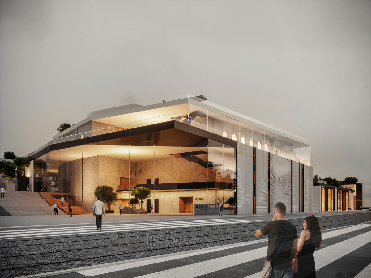 3D render: KOLO/ Otkup na konkursu za idejno rešenje nove zgrade ansambla narodnih igara i pesama Srbije KOLO, Karađorđeva 13, Beograd, 2019 / autor projekta: Unknown Studio