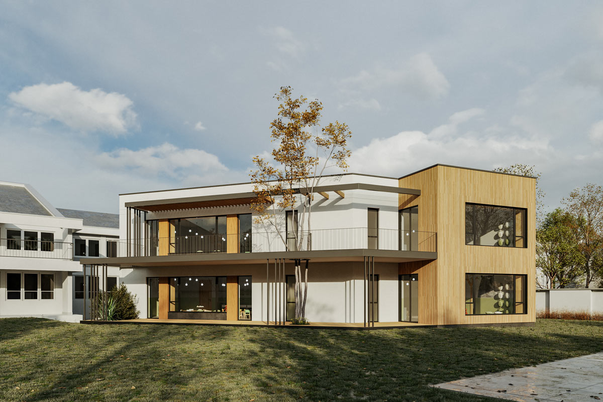 3D render: Pedagoška ustanova PU Kameni, dogradnja dela objekta, Pećinci, 2022-2025. (otkup) / autor projekta: Unknown Studio
