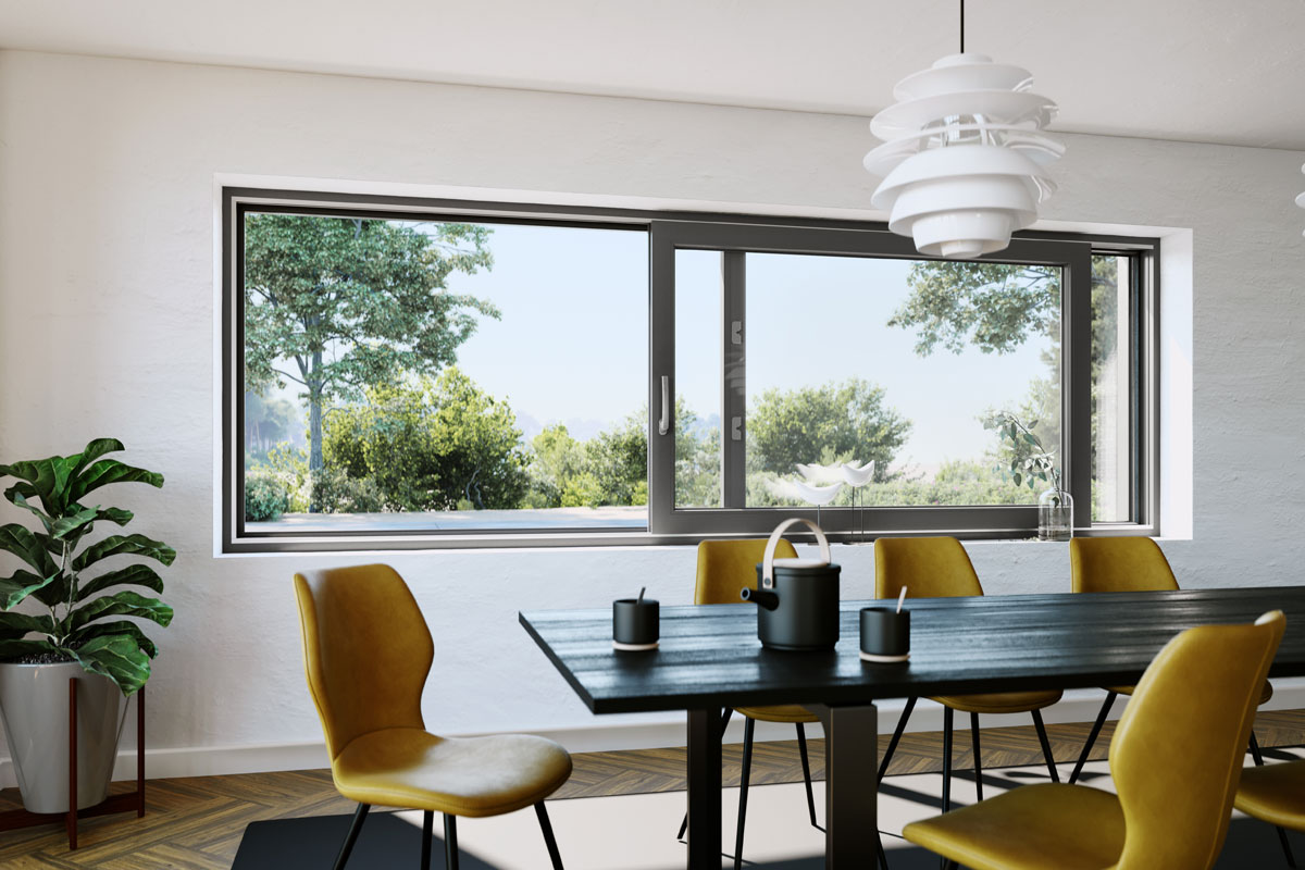 Klizni prozori sistema profila SYNEGO SLIDE u trpezariji / foto: Rehau