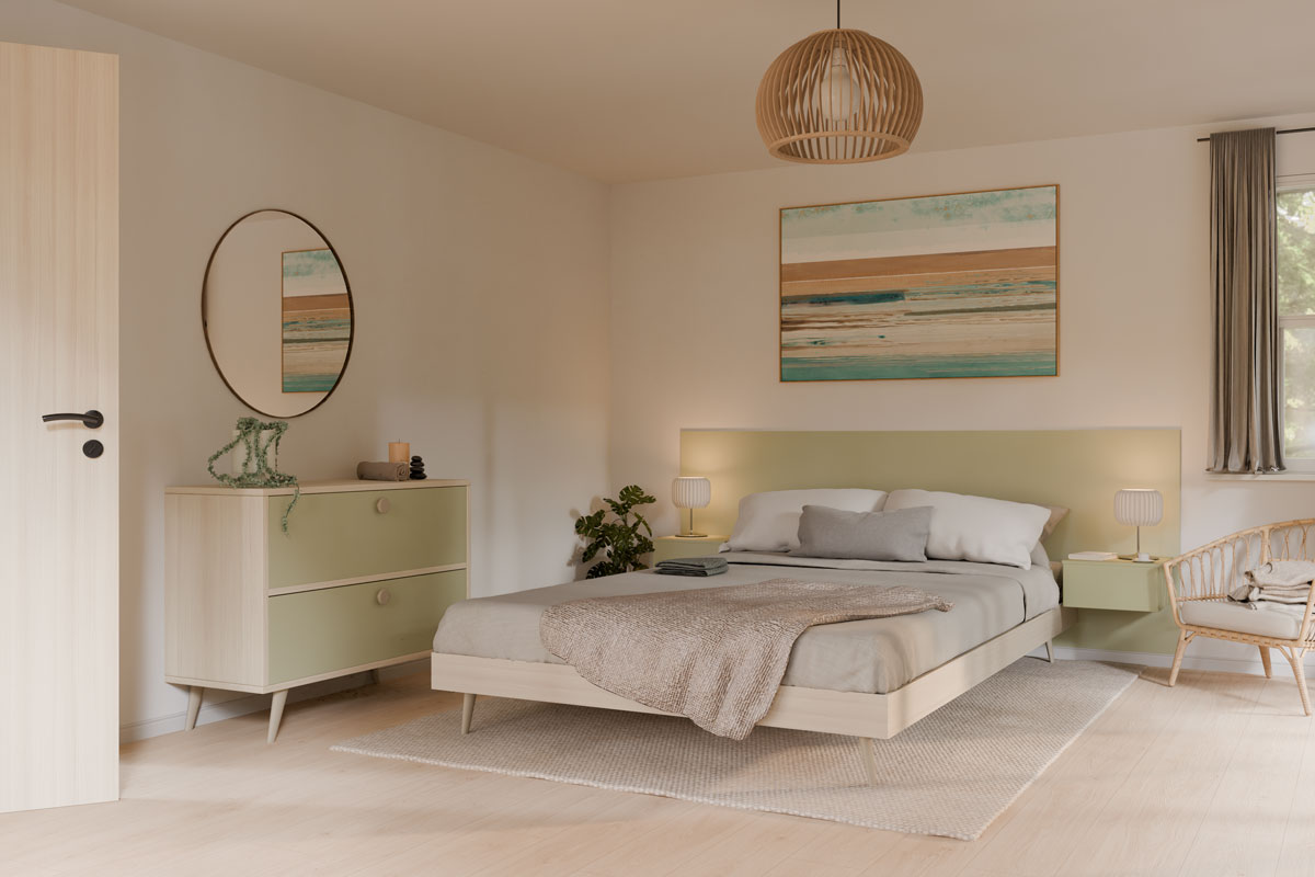 Svetli drveni dekor Nordic Escape u enterijeru spavaće sobe / foto: Egger