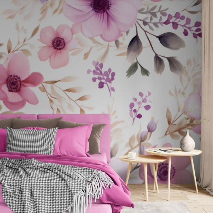 Akvarel cveće tapeta u enterijeru spavaće sobe / foto: mojetapete.rs