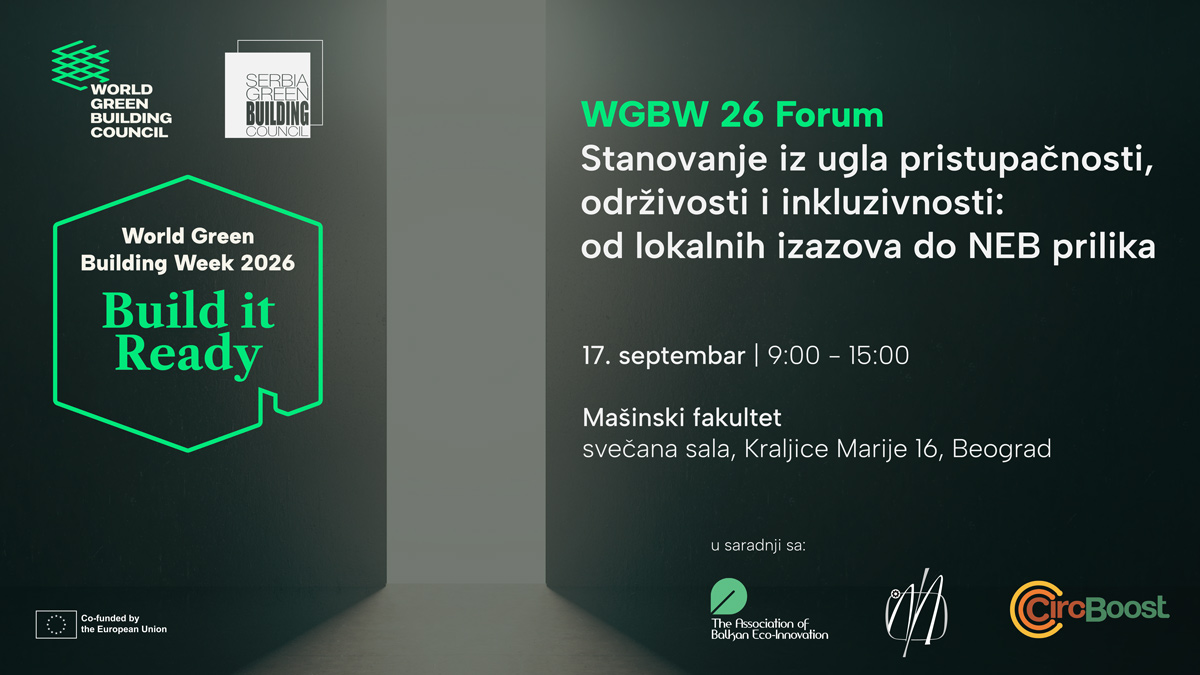 WGBW26 Forum: Stanovanje iz ugla pristupačnosti, održivosti i inkluzivnosti: od lokalnih izazova do NEB prilika / baner: GBC Srbija