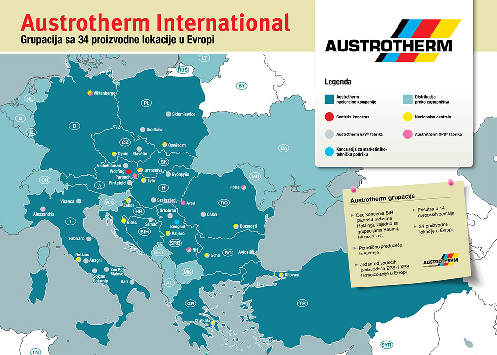 Karta Austrotherm proizvodnih pogona pre preuzimanja novih fabrika XPS-a / foto: Austrotherm